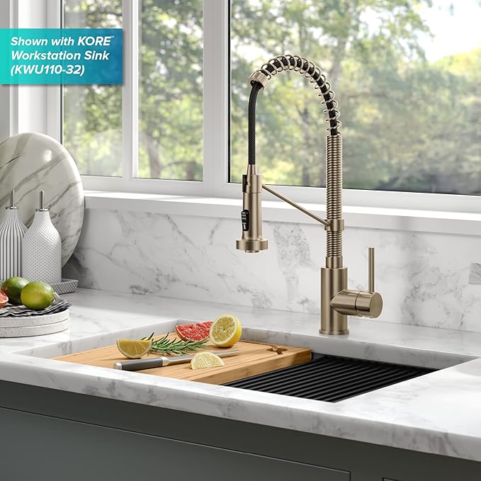 KRAUS Bolden Touchless Sensor Commercial Pull-Down Single Handle 18-Inch Kitchen Faucet in Spot Free Antique Champagne Bronze, KSF-1610SFACB