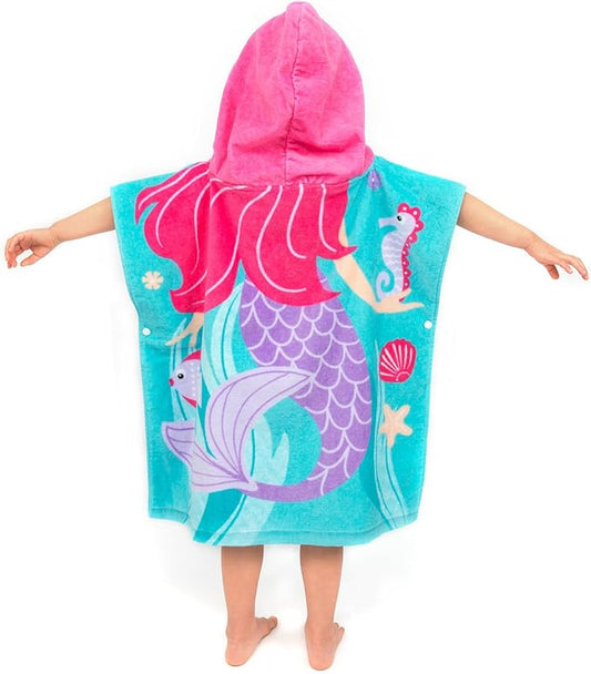 Toddler Hooded Beach Towel Coverup Cape Kids 100% Cotton Soft Quick Dry Absorbent Use for Swim Pool Bath Poncho Towels for 2 to 6 Years Old Children Size 24"x 47" in Full-Length (Fancy Mermai')