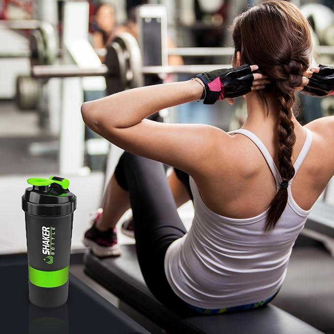 Protein Shaker Bottle,16 oz Shake Cup for Protein Powder with Storage,Sports Water Bottle,Non Slip 3 Layer Twist Off 3oz Cups with Pill Tray Leak Proof Shake Bottles for Protein Mixes