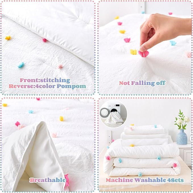 4 Piece White Boho Toddler Bedding Sets for Girls Colorful Pom Pom Comforter Set Jacquard Tufted Dot Crib Bed Sheets Set for Baby Bed in a Bag, Include Comforter, Flat Sheet, Fitted Sheet, Pillowcase