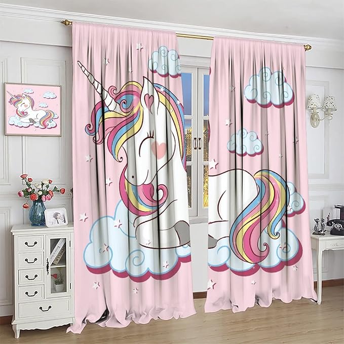 Unicorn Curtain for Kids Bedroom,Pink Cartoon Rainbow Darkening Curtains Decor Sliding Curtains Decorative Curtains for Girls Boys Baby Room,Living Room Decoration 72x63inch