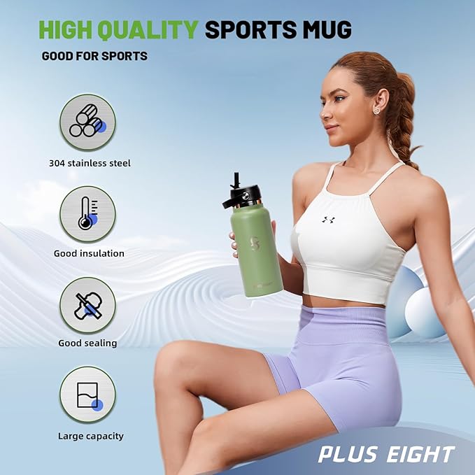Sports Water Bottle, 32 oz Insulated Water Bottle With Straw, Stainless Steel Water Bottle Wide Mouth for Sports, Gym or Office, BPA-Free Keep Cold 24H Hot 12H (Agave)