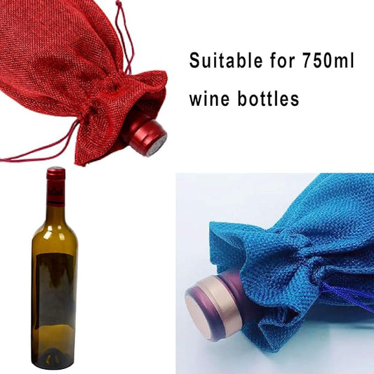 12 Pack Burlap Wine Bag Wine Bottle Gift Bags Pouches with Drawstring for Wedding Party Favors Christmas Holiday and Wine Tasting Party (Wine Red, Gray, Blue)