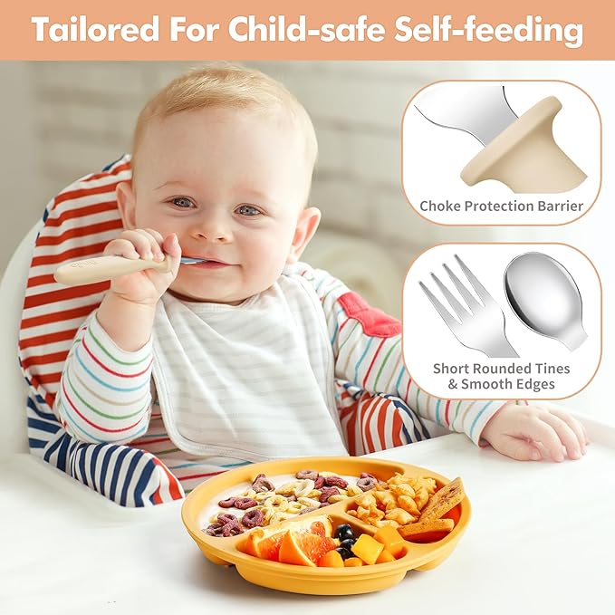 8 Pieces Toddler Utensils Set - Kids Silverware Set with Silicone Handle Children Safe 18/8 Stainless Steel Forks and Spoons Anti-Choke Design Food Grade Dishwasher Safe