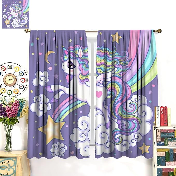 Kids Unicorn Curtains Purple Cartoon Rainbow Cartoon Room Blackout Curtains Boys Girls Baby Room Decor Curtains Living Room Decor 84x84 Inch 2 Panels