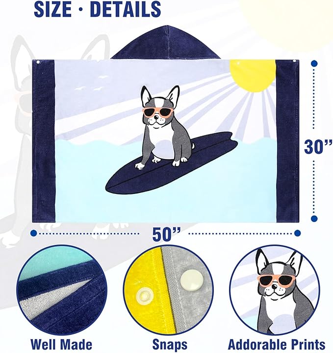 Toddler Bath Towel Hooded - Cotton Kids Beach Towel 30"x50" for Ages 3 to 10, Soft Terry Poncho Towel as Pool Swim Cover Ups for Girls Boys (Bull Dog Surfing)