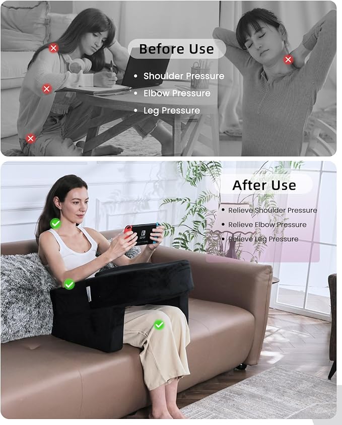 Weighted Idea Reading Pillow for Gaming, Meduim Gaming Pillow for Adult,Table Pillow with 2 Side Pockets for Gaming, Reading, Working Sitting in Bed Floor Sofa (Black)