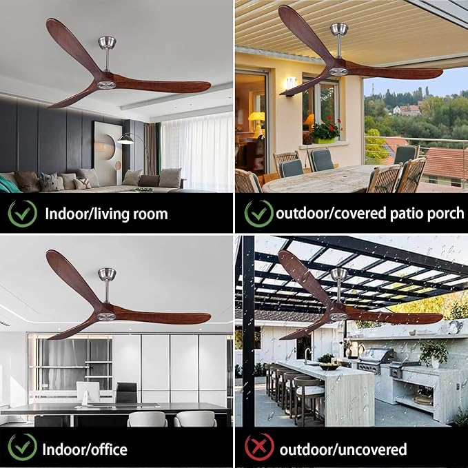 Bigzone 70" Outdoor Ceiling Fan with Remote No Light, 3 Wood Blades, Brushed Nickel Finish, Reversible Wood Ceiling Fan