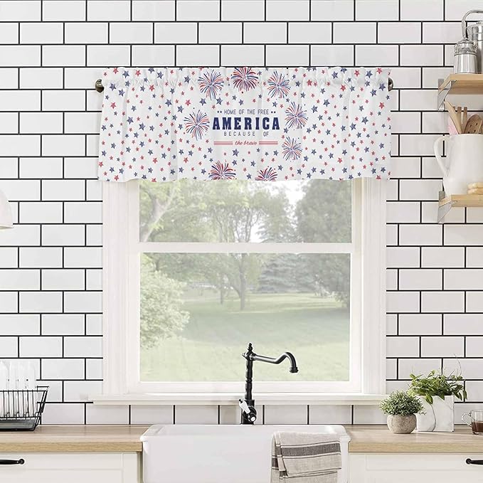 Vandarllin 4th of July Kitchen Curtains Valances for Windows Patriotic America Stars Fireworks Rod Pocket Window Treatment for Kitchen/Living Room/Bedroom/Bathroom, 42" X 18", Red White Blue
