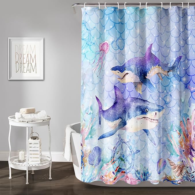 AILONEN Cartoon Shark Shower Curtain for Kids Boys Girls,Blue Ocean Coral Shell Fish Scale Coast Bathroom Curtain, 72" W*96" H Bath Curtain Polyester Waterproof Shower Curtain with 12 Hooks