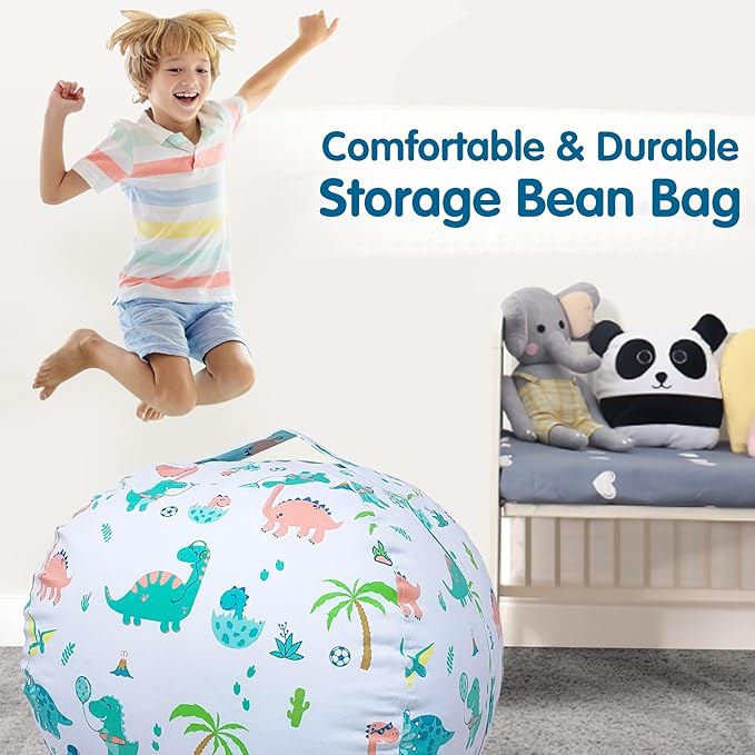 Lukeight Stuffed Animal Storage Bean Bag Chair Cover for Kids, Dinosaur Zipper Beanbag Chair Cover for Organizing Toddler and Kids' Rooms Plush Toys (Dinosaur Blue, X-Large)