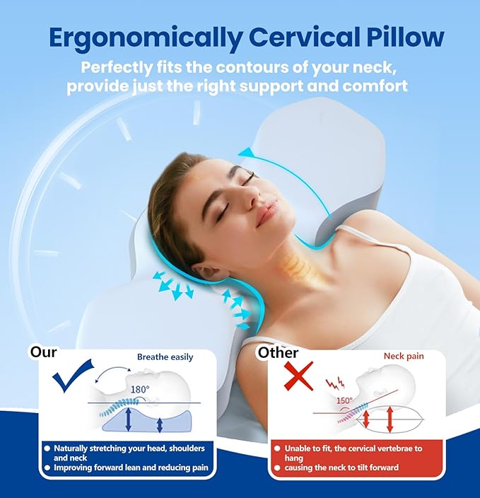 Arts wish Memory Foam Cervical Pillow for Pain Relief, Breathable Ergonomic Bed Pillow with Cooling Pillowcase, Cervical Neck Pillow for Side Back Stomach Sleepers