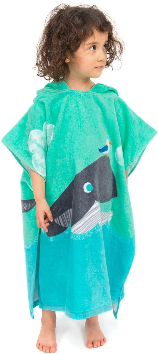 Toddler Hooded Beach Towel Coverup Cape Kids 100% Cotton Soft Quick Dry Absorbent Use for Swim Pool Bath Poncho Towels for 3 to 8 Years Old Children Size 24"x 55" in Full-Length (Whale Pattern)