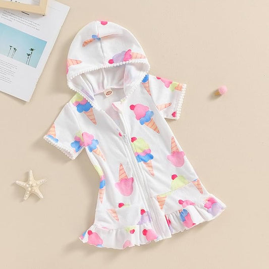 Toddler Beach Towel with Hood Kids Waffle Swim Cover Up Bath Towel Surf Poncho Boys Girls Hooded Beach Towel (White Ice Cream, 1-2 Years)