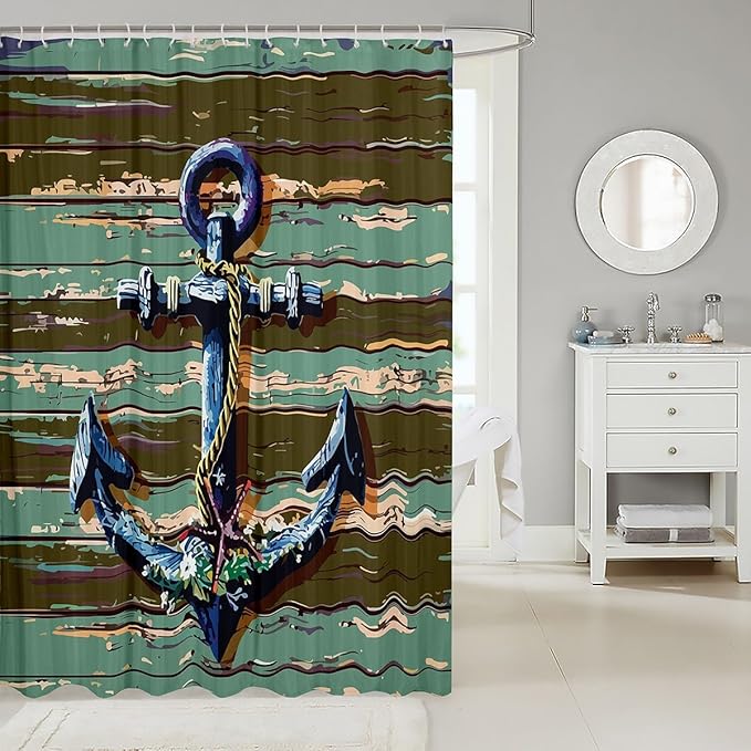 Feelyou Anchor Nautical Shower Curtain Wooden Anchor Decor Fabric Shower Curtain for Kids Boys Girls Vintage Green Bathroom Waterproof Accessories with 12 Hooks Rustic Farmhouse Curtains,72x78 Inches