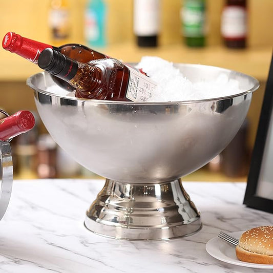 Large Ice Bucket 13L Stainless Steel Champagne Bowl Ice Bucket with Ice Scoop Semicircle Drink Tub with Integrated Base Silver Beverage Tub for Parties, Cocktail Bar, Chilling Wine,2Packs (2 packs)