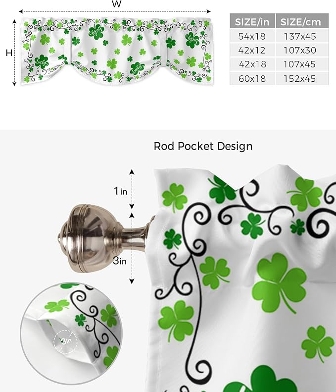 St. Patrick's Day Blackout Tie Up Valance Curtains for Kitchen Windows Green Shamrock Irish Clover Window Toppers Balloon Shades for Living Room/Bathroom/Bedroom,1 Panel, 54" X 18", Spring Holiday