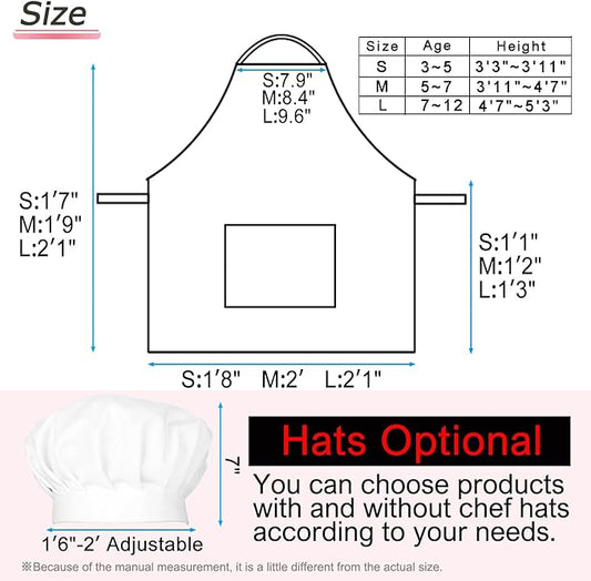 Kids Apron Chef Hat Set for Boys and Girls Adjustable Neck Strap Hook and Loop Fastener Design Waistband for Baking