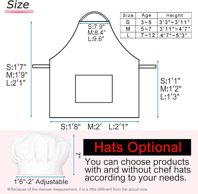 Kids Apron Chef Hat Set for Boys and Girls Adjustable Neck Strap Hook and Loop Fastener Design Waistband for Baking