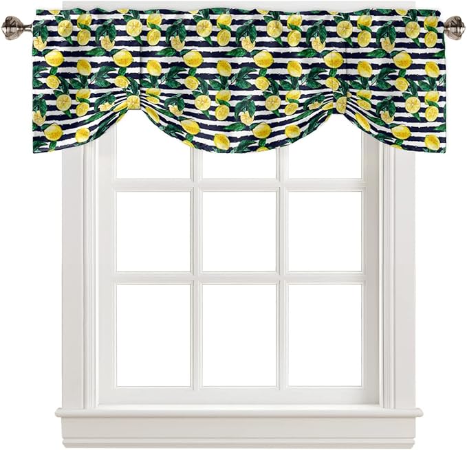 Tie Up Valance for Kitchen Living Room Farmhouse - Lemon and Stripe Pattern Rod Pocket Adjustable Tie-up Shade Valance for Small Window, Window Valance Balloon Drape for Bathroom 60x18 inches