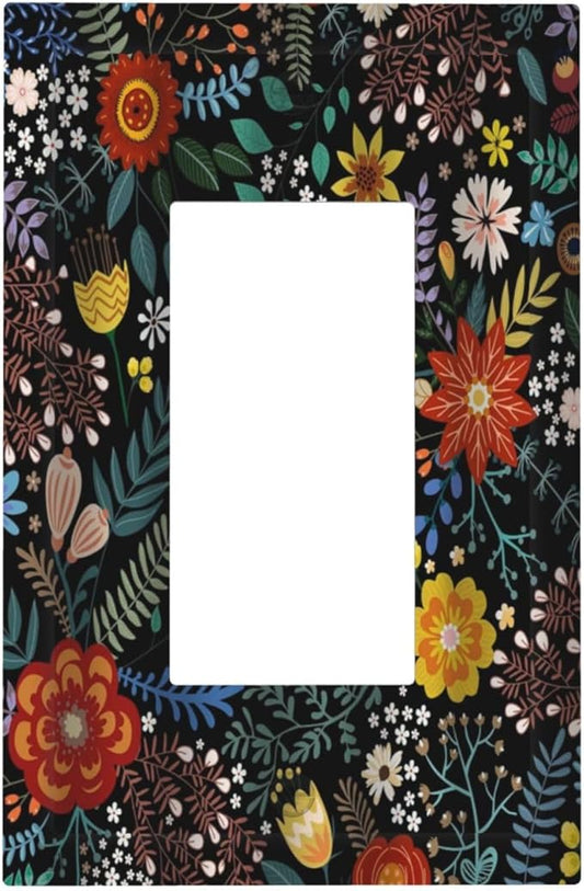 Colorful Flower Boho Floral Rustic Dark Leaves 1 Gang Rocker Light Switch Covers Single Decora Outlet Wall Plate Decorative Switchplate Faceplate GFCI for Farmhouse Country Bedroom Kitchen Decor