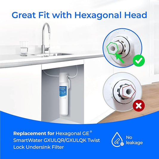 Waterdrop GXULQR, FQK1R Under Sink Replacement Filter, Replacement for Hexagonal Head GE SmartWater GXULQR, GXULQK and GXK140TNN, 2K Gallons (Pack of 2)