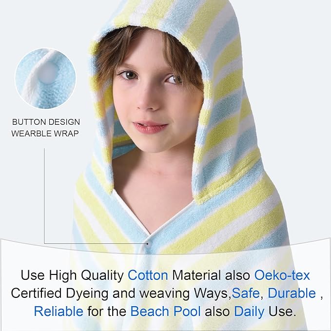 VOOVA & MOVAS Kids Beach Towels with Hood Lightweight - 100% Cotton (3-10Years) - Quick Dry Absorbent Towel for Pool | Swim | Beach | Bath, Boys Wrap Towel with Hood, Yellow Blue Stripe