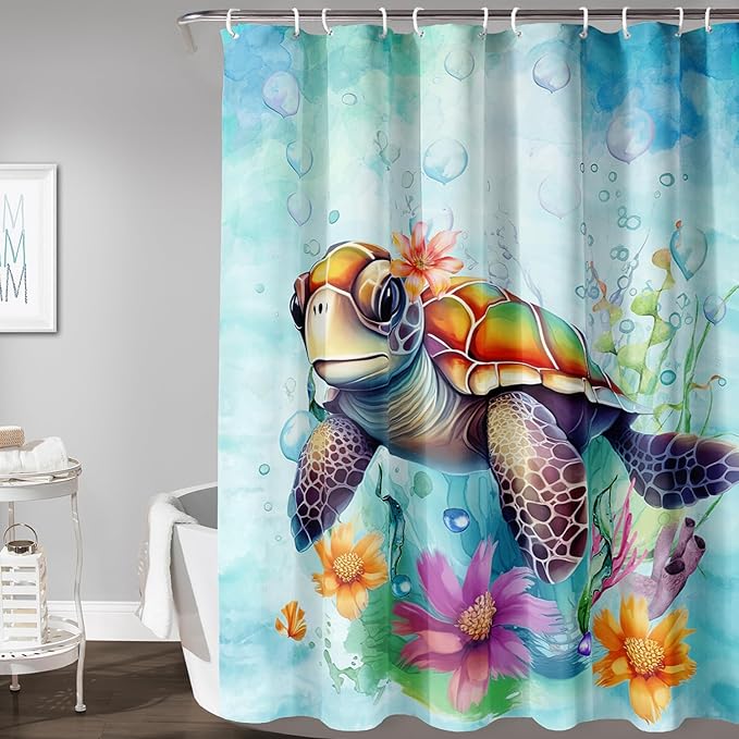 AILONEN Cute Sea Turtle Shower Curtain,Boys Kids Ocean Turtle Bath Curtain with 12 Plastic Hooks,Watercolor Sea Turtle Decorative Waterproof Curtain 60" W*72" H