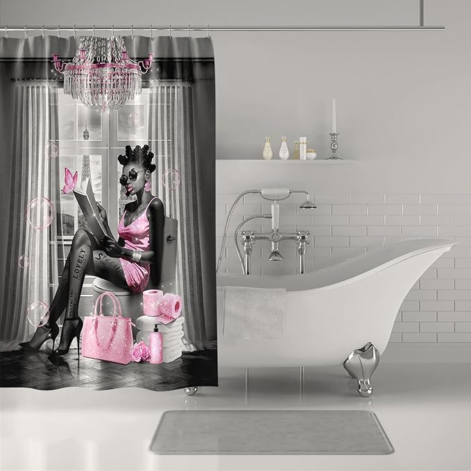 African American Shower Curtain Fashion Black Girl Shower Curtains for Bathroom Decor Grey Pink Waterproof Polyester Fabric Afro Black Women Bathroom Curtain with Hooks 55x72 Inch