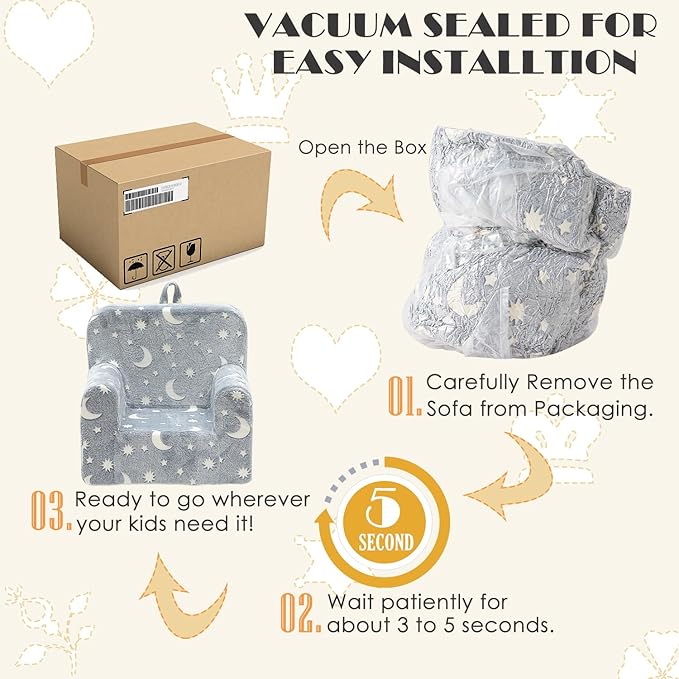 Snuggly-Soft Cuddly Toddler Plush Armchair for Boys and Girls Fuzzy Plush Kids Sofa Couch Reading Chair with Children Friendly Handle for Easy Movement & Double Pockets for Storage, Glowing Grey