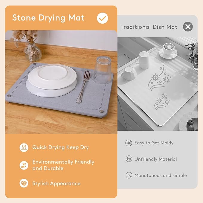 Stone Drying Mat for Kitchen Counter 15.7" x 11.8" Light Gray, Quick Dry Stone Dish Drying Mat with Legs, Drying Stone for Kitchen Counter Fits Various Dish Racks, Zero Rust Dish Drying Stone