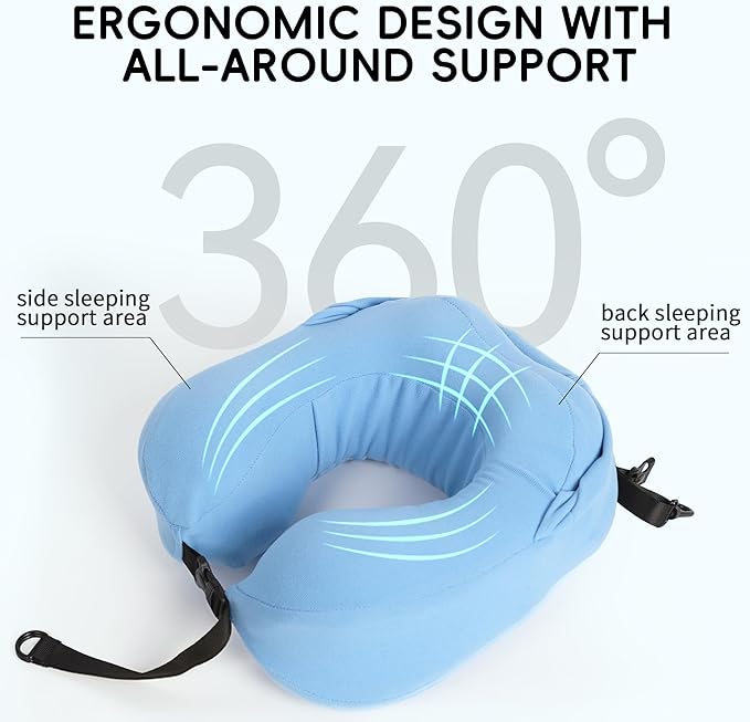 Travel Pillow with Hood for Airplane, 100% Pure Memory Foam Hooded Neck Pillow for Traveling, Car, Office, Soft, Machine Washable, Easy Storage, Blue