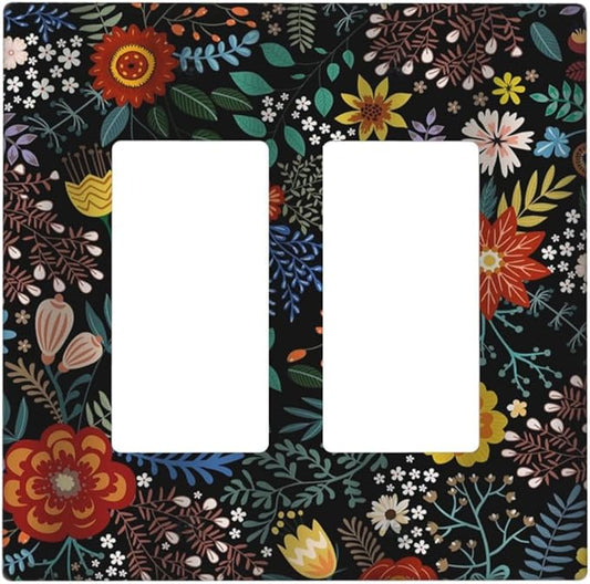 Vintage Colorful Flower Boho Floral Rustic Dark Leaves 2 Gang Rocker Decora Light Switch Covers Dual Outlet Covers Wall Plate Decorative Switchplate Electrical Faceplate GFCI for Farmhouse Bedroom