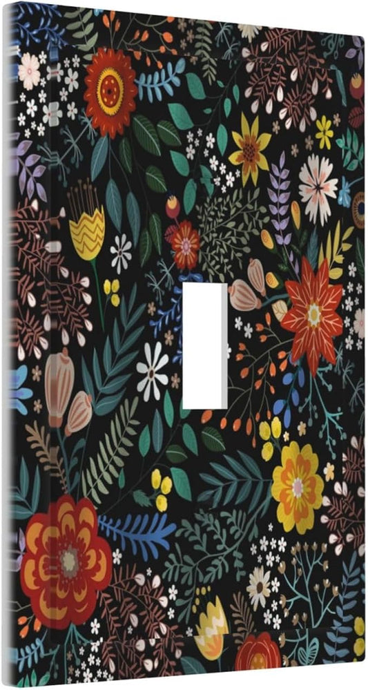 Vintage Colorful Flower Boho Floral Rustic Dark Leaves 1 Gang Light Switch Covers Single Toggle Wall Plate Decorative Switchcover Electrical Switchplate for Farmhouse Country Bedroom Decor