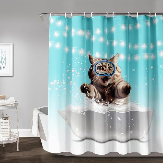 AILONEN 3D Bathtub Cat Shower Curtain for Kids 72" W*72" H Inch,Kawaii Diving Cat Leaps Out of Bathtub Shower Curtain,12 Pack Hooks Polyester Waterproof Fabric Decor for Bathroom Bathtub Panels