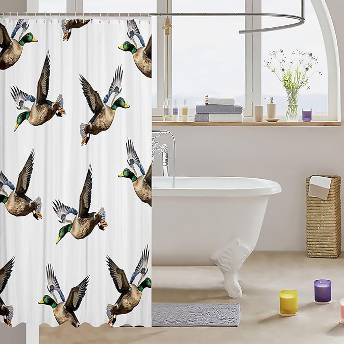 Manfei Ducks Kids Shower Curtains,Rustic Animals Hunting Adventure Bathroom Curtains for Girls Boys,Swimming Bird Farmhouse Country White Waterproof Curtains,12 Hooks Suits,72" W x 72" L