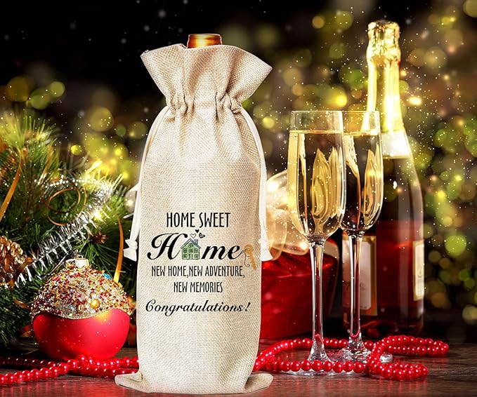 Muruseni New Home Congratulation Gift,Meaningful HousewarmingGifts,Men, Women, Friends, Colleagues, Bosses, Subordinates, Partners -Cotton linen Drawstring Wine Bags(1 Pack-SW02)
