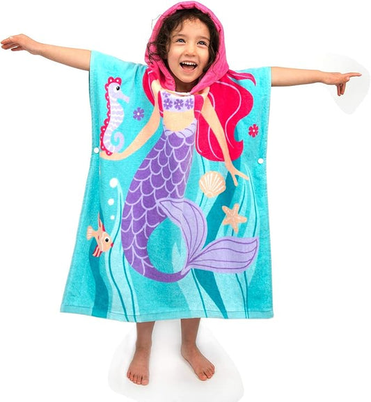 Toddler Hooded Beach Towel Coverup Cape Kids 100% Cotton Soft Quick Dry Absorbent Use for Swim Pool Bath Poncho Towels for 3 to 8 Years Old Children Size 24"x 55" in Full-Length (Mermai Pattern)