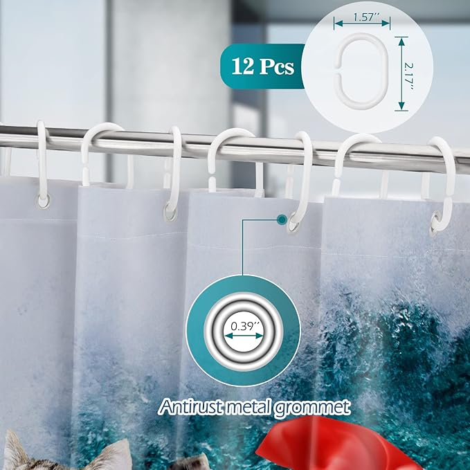 Aimego Extra Long Shower Curtain - Funny Cute Crazy Cat Riding Shark Ocean Fun Fabric Cloth Shower Curtain Set with 12 Hooks for Adults Bathroom Decor Accessories Bath Curtain, 72"x84", Blue Red