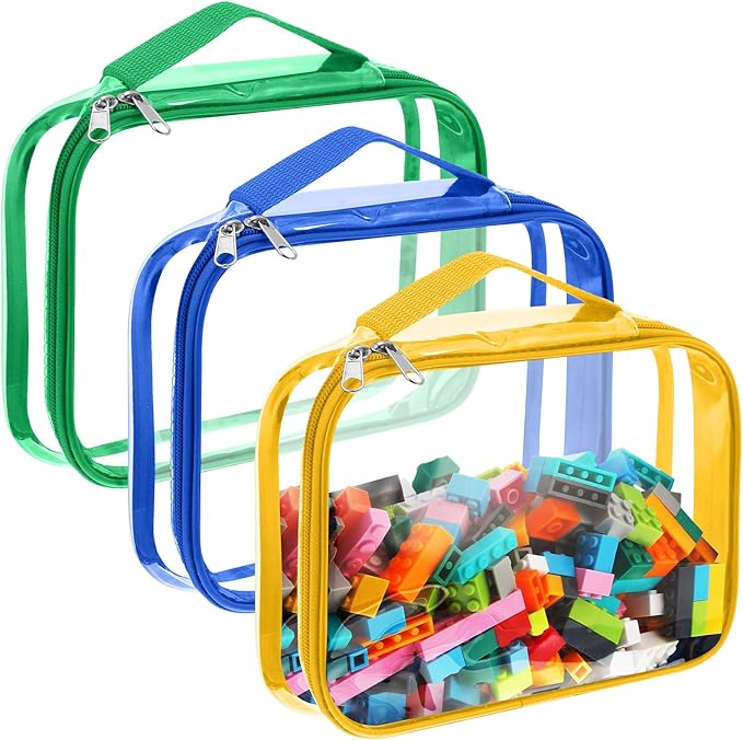 Sanwuta 3 Packs Toy Storage Bags with Zipper, Clear PVC Organizing Bags, Waterproof Toy Bags for Board Games, Building Blocks, Toys and Kids Books (Blue, Yellow, Green,10.24 x 7.09 x 2.36 Inch)