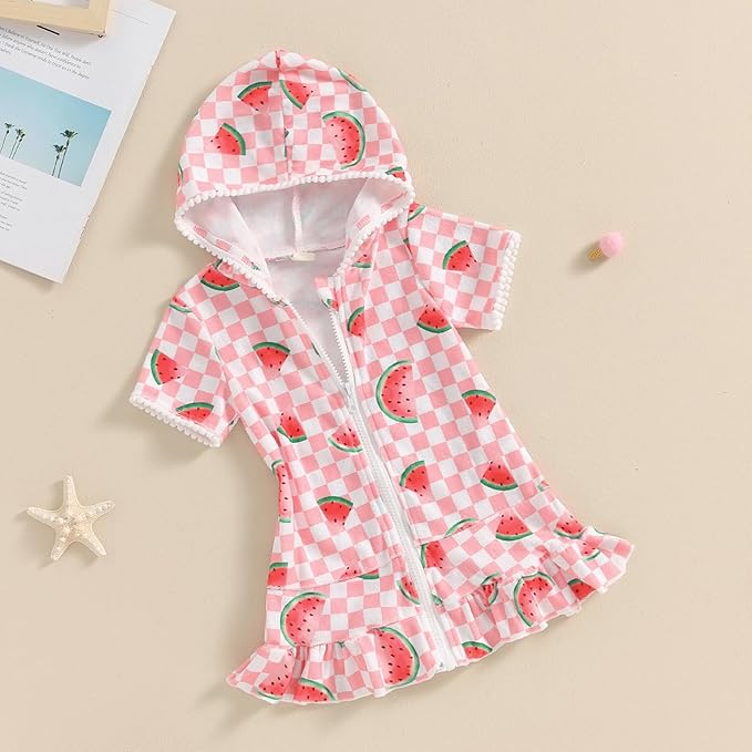 Toddler Beach Towel with Hood Kids Waffle Swim Cover Up Bath Towel Surf Poncho Boys Girls Hooded Beach Towel (Pink Watermelon, 2-3 Years)