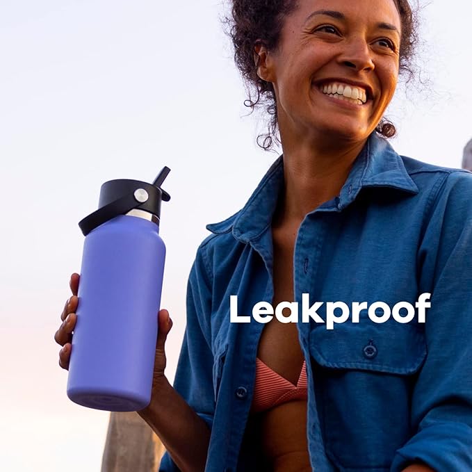 HYDRO FLASK Wide Mouth vacuum insulated stainless steel water bottle with leakproof closeable straw lid for cold water drinks, sports, travel, car and school