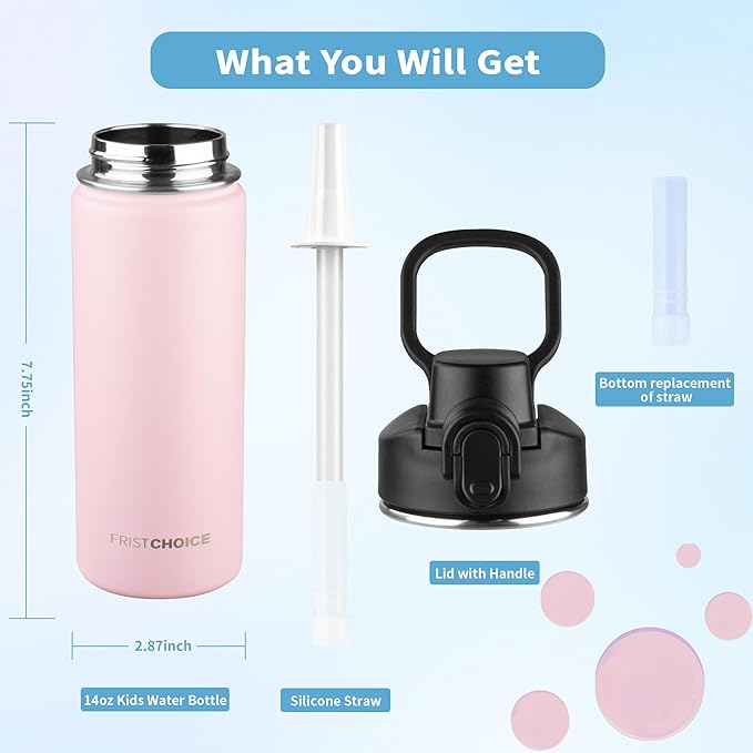 Insulated water bottle with Straw,18oz Stainless Steel Water Bottle for Adult Kids,Double Wall Vacuum Wide Mouth Insulated Water Bottle for School,BPA-free and Leak-proofοΌ18oz,PinkοΌ
