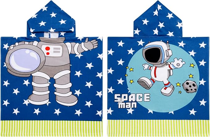 Kids Astronaut Hooded Beach Towel Boys Cute Poncho Pool Towels with Hood 24*47 in Soft Microfiber Swim Cover-ups for Kids Ages 3-10 Thick Absorbent Cotton Hooded Bath Towels Wrap Bathrobe