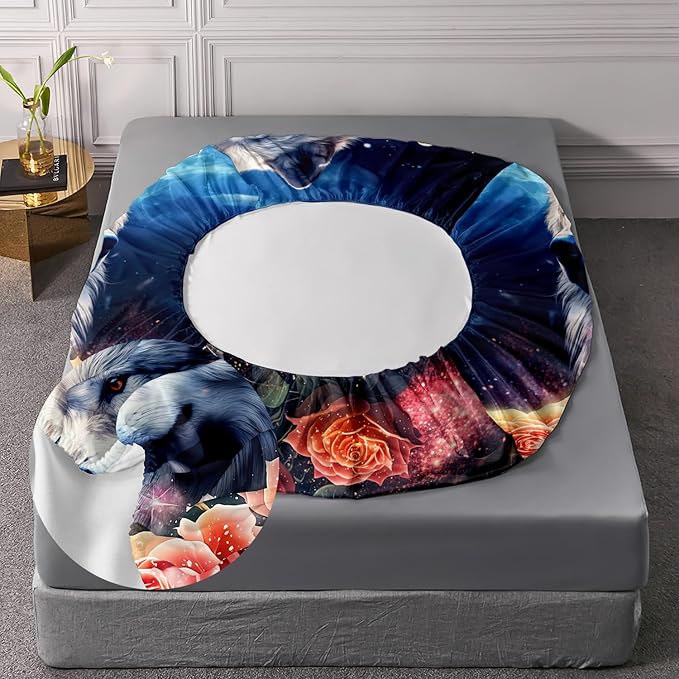 AILONEN Wolf Fitted Sheet Set Twin Size, Red Floral Flower and Wolves Animals Bed Sheet Set,3 Pieces Safari Wolf Bed Sheet Set for Boys Girls,1 Fitted Sheet with 2 Pillowcases