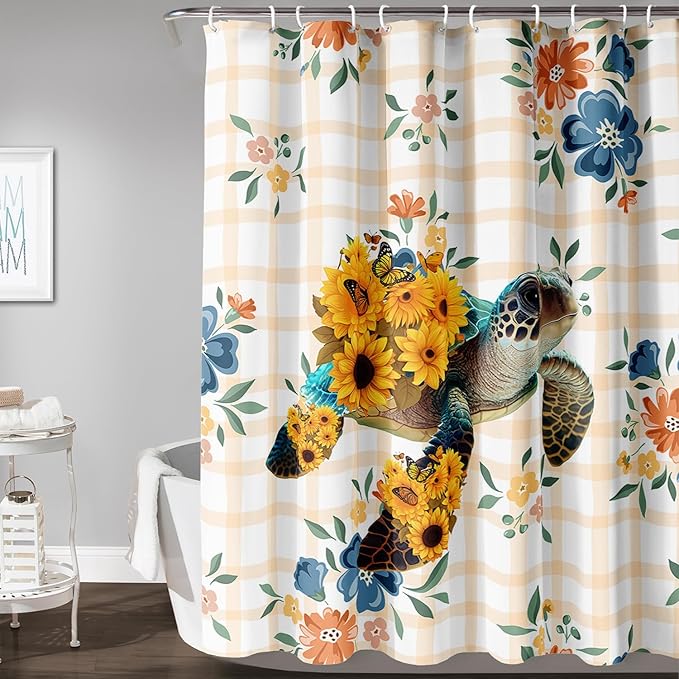 AILONEN Sea Turtle Shower Curtain for Bathroom, Sunflower Turtle Bathroom Curtain,Ocean Turtle Floral Grid Bath Curtain 72" W*72" H Polyester Waterproof Bathroom Curtain with 12 Hooks