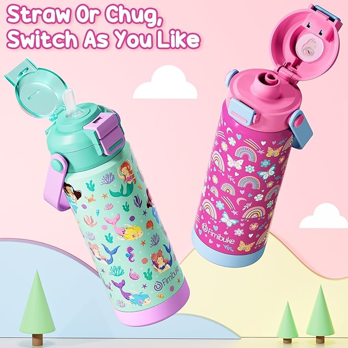 Fimibuke Kids Insulated Water Bottle with Pop-Open Straw & Spout 2-in-1 Lid, 18oz Leak Proof 18/8 Stainless Steel Vacuum Tumbler, BPA-Free Kids Cup For Travel School Boys Girls Toddler 1Pack, Dinosaur