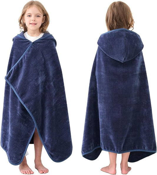 Hiturbo Kids Hooded Bath Towel: 100% Cotton Soft Thick Absorbent Towels Wrap - 50"x30" Shower Beach Pool Wearable Blanket for 3-12 Yrs Boys Girls - Navy Blue