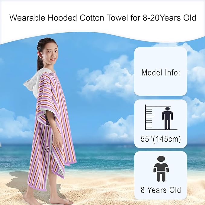 VOOVA & MOVAS Big Kids Poncho Towels with Hood - Girl | Teens (8-16Years) Hooded Pool Towel, Large and Absorbent Cotton Towel Robe - Versatile for Pool, Beach,Swim, and Bath, Orange&Purple