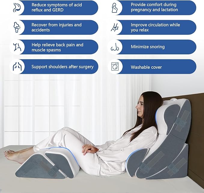 6PCS XL Orthopedic Bed Wedge Pillow for Sleeping, Gel Memory Foam Post Surgery Pillow Set for Back, Neck, Leg Support, Acid Reflux, Gerd, Anti Snoring, with Washable Cover & Travel Bag (White, 24'' W)